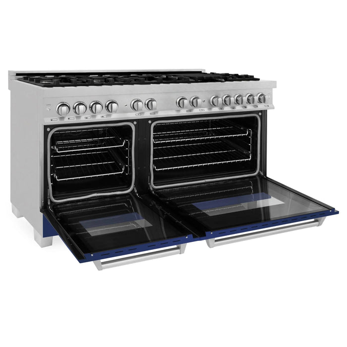 ZLINE 60" Dual Fuel Range Snow Stainless, Blue Matte Door, RAS-BM-60