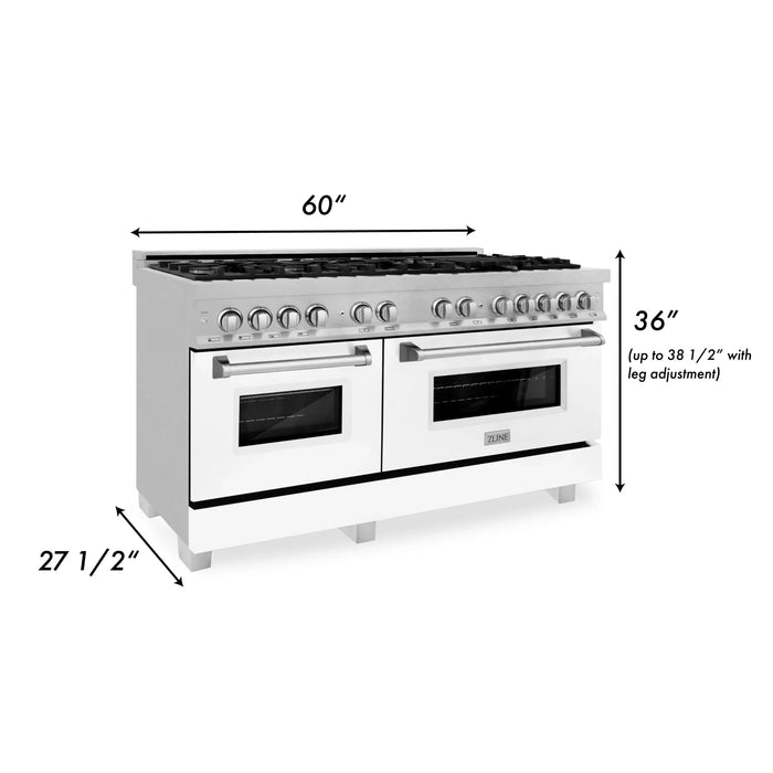 ZLINE 60" Dual Fuel Range Snow Stainless, White Matte Door, RAS-WM-60