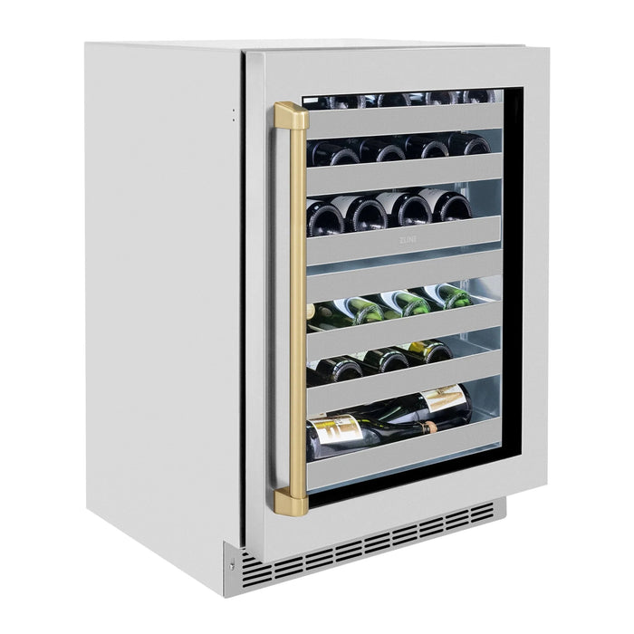 ZLINE Autograph 24 in. Dual Zone 44 Bottle Wine Cooler With Stainless Steel Glass Door And Champagne Bronze Handle RWDOZ-GS-24-CB