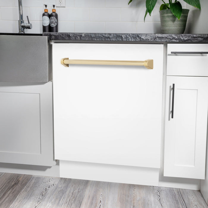 ZLINE Autograph White Door 24" Dishwasher, Gold Handle DWVZ-WM-24-G