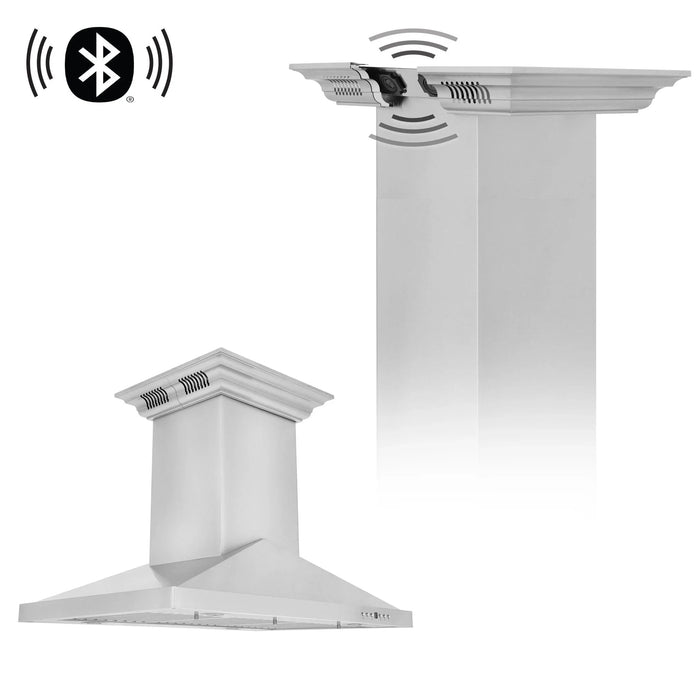 ZLINE Ducted Vent Island Mount Range Hood in Stainless Steel with Built-in ZLINE CrownSound Bluetooth Speakers GL1iCRN-BT-30