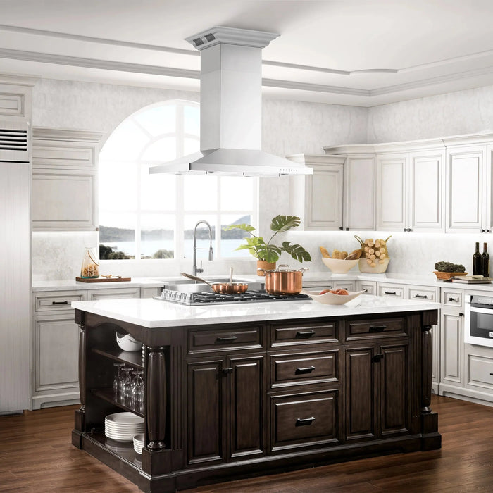 Zline Island Mount Range Hood in Stainless Steel with Built-in ZLINE CrownSound™ Bluetooth Speakers GL2iCRN-BT-48