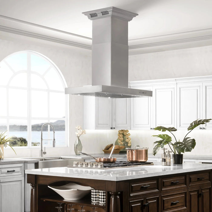Zline Island Mount Range Hood in Stainless Steel with Built-in ZLINE CrownSound™ Bluetooth Speakers KE2iCRN-BT-48