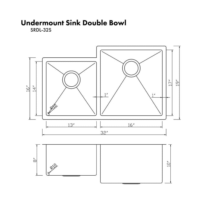 ZLINE Jackson 32" Undermount Double Bowl Sink In DuraSnow Stainless Steel, SRDL-32S