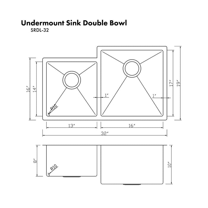 ZLINE Jackson 32"  Undermount Double Bowl Sink In Stainless Steel, SRDL-32
