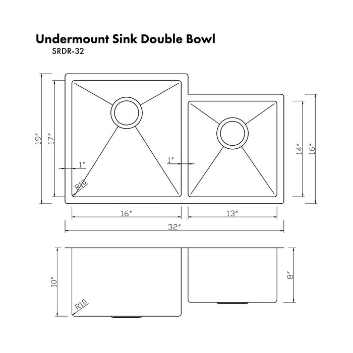ZLINE Jackson 32" Undermount Double Bowl Sink In Stainless Steel, SRDR-32