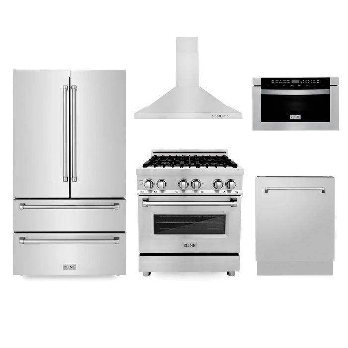ZLINE Kitchen Package Refrigerator, Range , Range Hood , Microwave, Dishwasher 5KPR-RARH30-MWDWV
