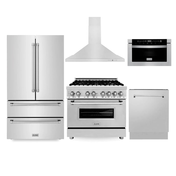 ZLINE Kitchen Package Refrigerator, Range , Range Hood , Microwave, Dishwasher 5KPR-RARH36-MWDWV