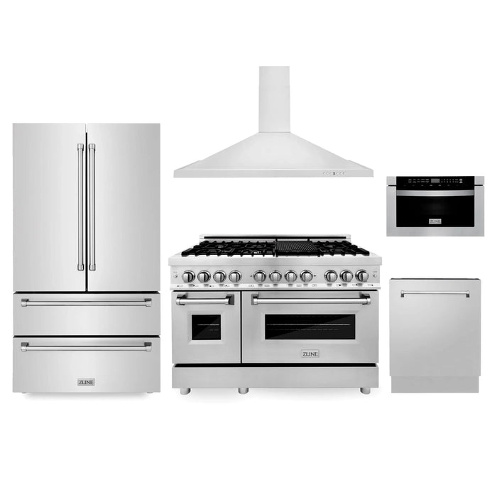 ZLINE Kitchen Package Refrigerator, Range , Range Hood , Microwave, Dishwasher 5KPR-RARH48-MWDWV