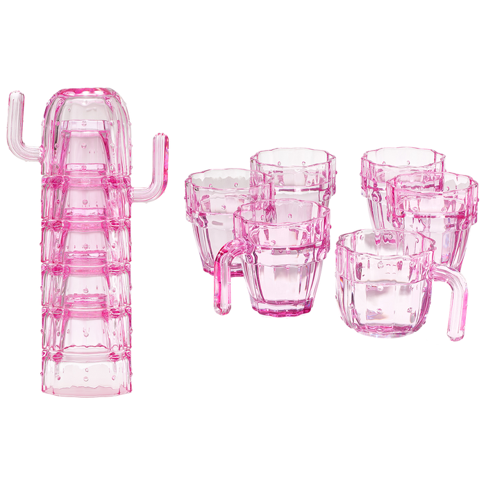 Cactus Stackable Glasses, Stacktus Gifts, Set of 6-10 oz Cactus Shape Glasses With Handles Pink Glass Blown Figurines Plant Decorations for Parties 3.5" H 5" W - Copyright Design, Patent Pending