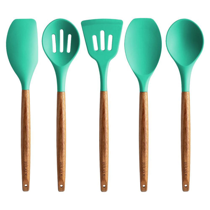 Zulay Kitchen - 'Aqua' Silicone Utensils Set w/ Wooden Handles (5CT)